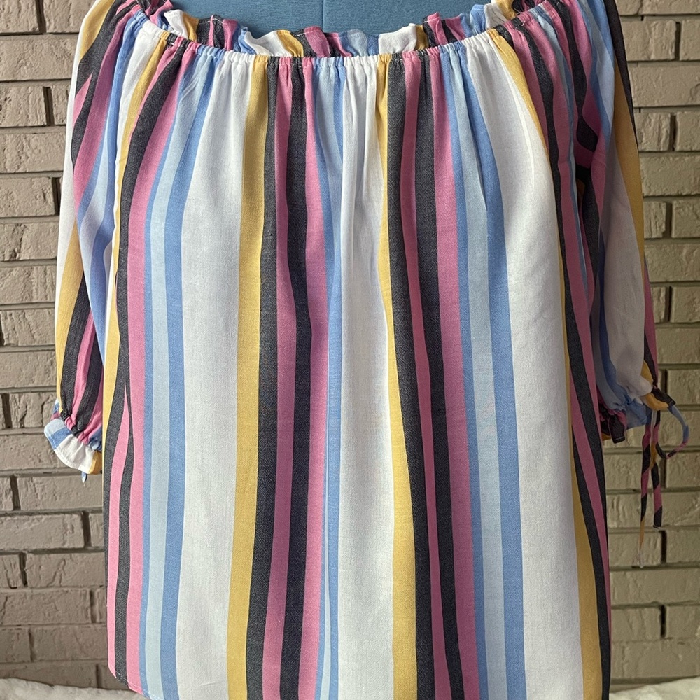a.n.a White and Blue Ruffled Blouse Relaxed Fit